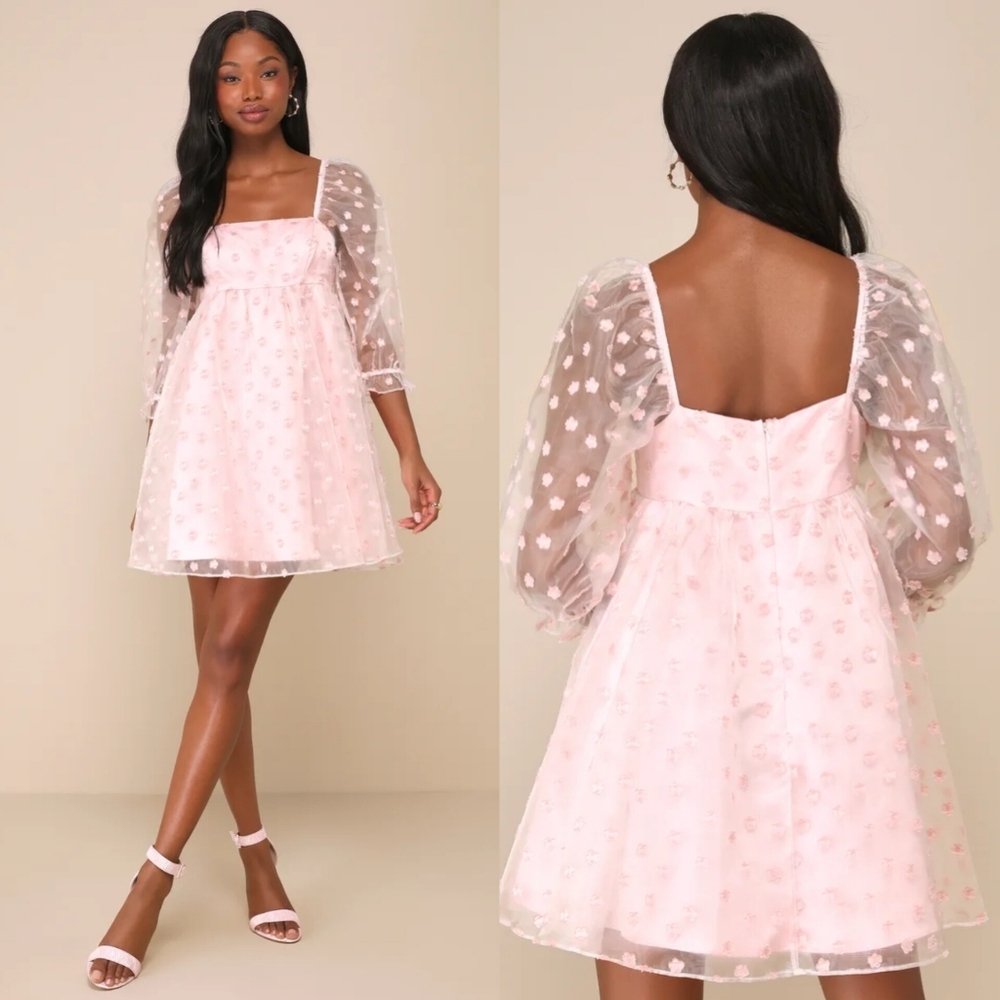 Lulus Effervescent Charm Pink Organza Floral Babydoll Mini Dress S Wedding Party